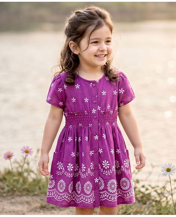 Babyhug Cotton Woven Half Sleeves Floral Printed Flared Frock with Smoking Detailing - Dark Pink