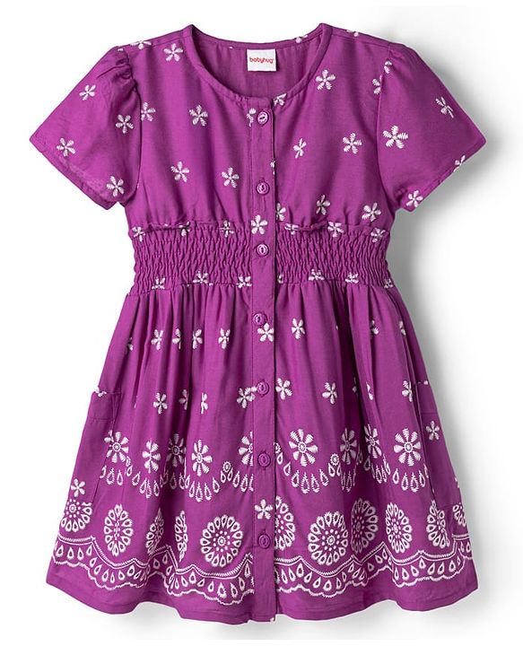 Babyhug Cotton Woven Half Sleeves Floral Printed Flared Frock with Smoking Detailing - Dark Pink