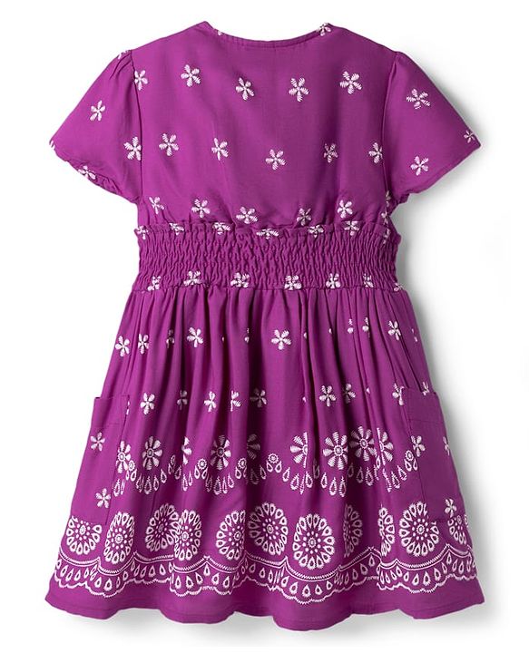 Babyhug Cotton Woven Half Sleeves Floral Printed Flared Frock with Smoking Detailing - Dark Pink