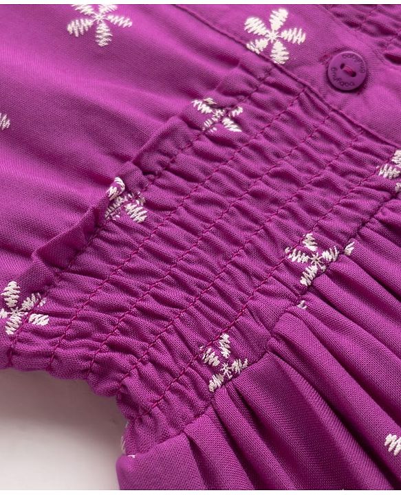 Babyhug Cotton Woven Half Sleeves Floral Printed Flared Frock with Smoking Detailing - Dark Pink