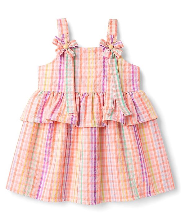 Babyhug Cotton Woven Sleeveless Checked Frock With Bow Applique - Multicolor