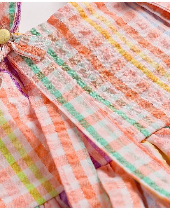 Babyhug Cotton Woven Sleeveless Checked Frock With Bow Applique - Multicolor