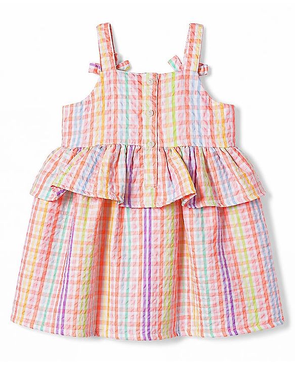 Babyhug Cotton Woven Sleeveless Checked Frock With Bow Applique - Multicolor