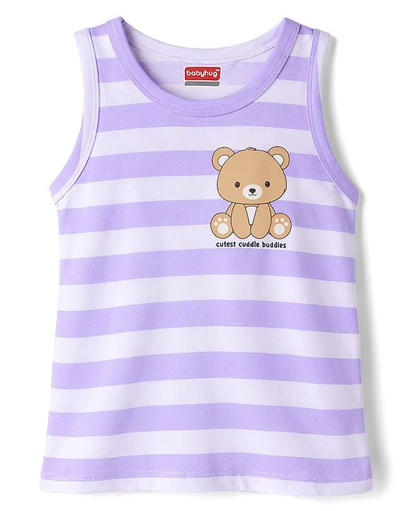 Babyhug 100% Cotton Antibacterial Sleeveless Striped Vests With Bear Print Pack of 3 - Multicolor