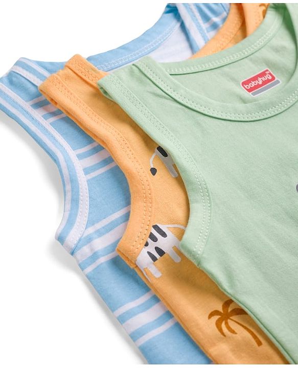 Babyhug 100% Cotton Knit Sleeveless Striped & Zebra Printed Anti Bacterial Sando Vests Pack Of 3 - Light Blue Orange & Green