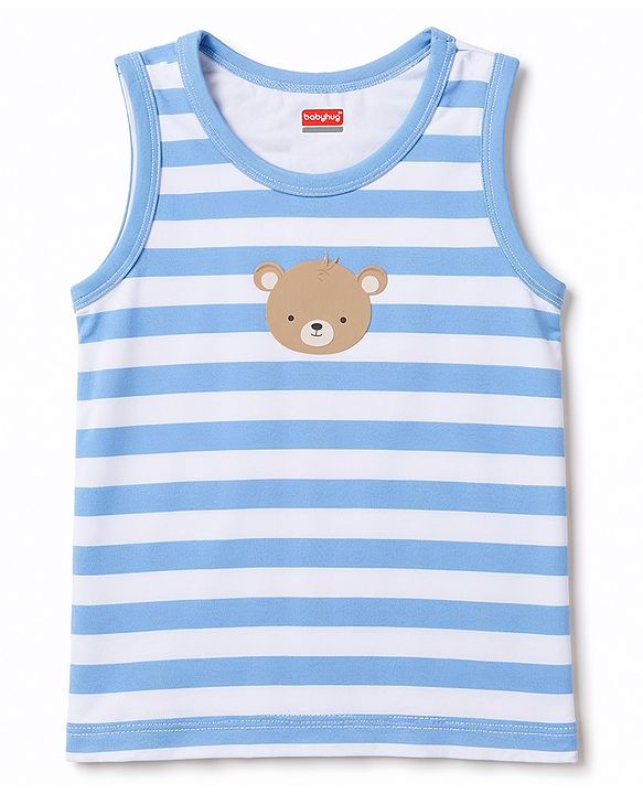 Babyhug 100% Cotton Single Jersey Knit Antibacterial Striped Sleeveless Vest with Bear Print Pack of 3 - Blue & Orange