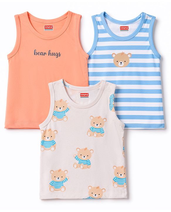Babyhug 100% Cotton Single Jersey Knit Antibacterial Striped Sleeveless Vest with Bear Print Pack of 3 - Blue & Orange