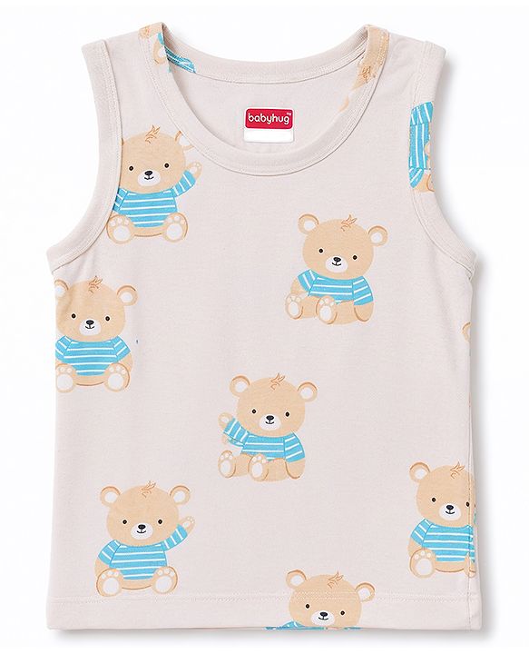 Babyhug 100% Cotton Single Jersey Knit Antibacterial Striped Sleeveless Vest with Bear Print Pack of 3 - Blue & Orange