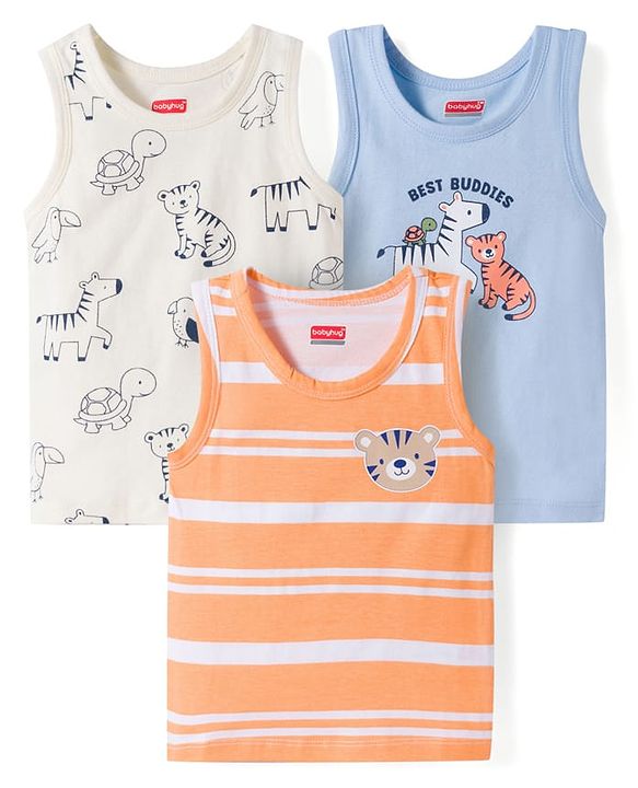 Babyhug 100% Cotton Single Jersey Knit Antibacterial Sleeveless Vests With Animal Print Pack of 3 - Multicolr