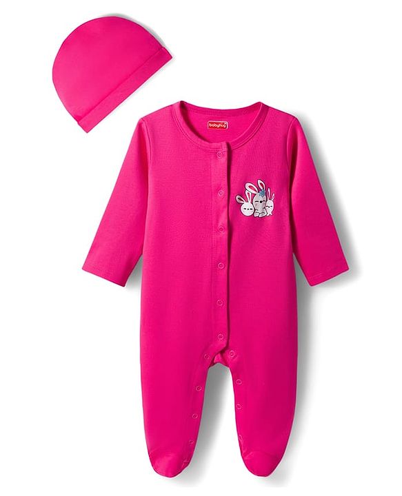 Babyhug Cotton Knit Full Sleeves Front Open Text Printed Footed Sleepsuit with Cap - Pink