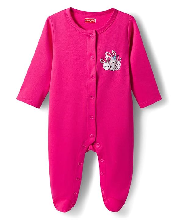 Babyhug Cotton Knit Full Sleeves Front Open Text Printed Footed Sleepsuit with Cap - Pink