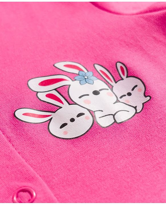 Babyhug Cotton Knit Full Sleeves Front Open Text Printed Footed Sleepsuit with Cap - Pink