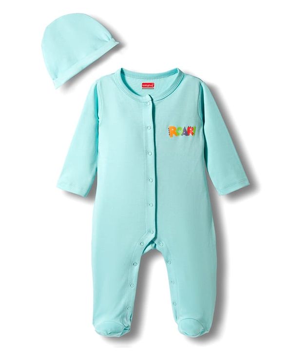 Babyhug Cotton Knit Full Sleeves Front Open Text Printed Footed Sleepsuit with Cap - Pink