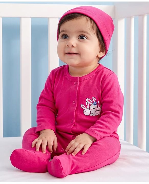 Babyhug Cotton Knit Full Sleeves Front Open Text Printed Footed Sleepsuit with Cap - Pink