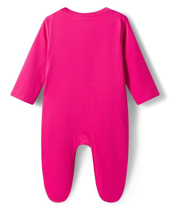Babyhug Cotton Knit Full Sleeves Front Open Text Printed Footed Sleepsuit with Cap - Pink