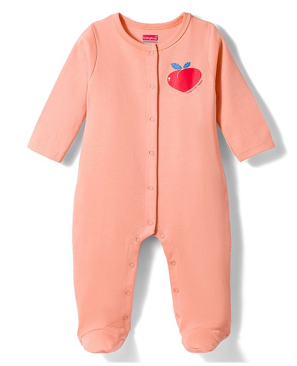 Babyhug Cotton Knit Full Sleeves Front Open Text Printed Footed Sleepsuit with Cap - Pink