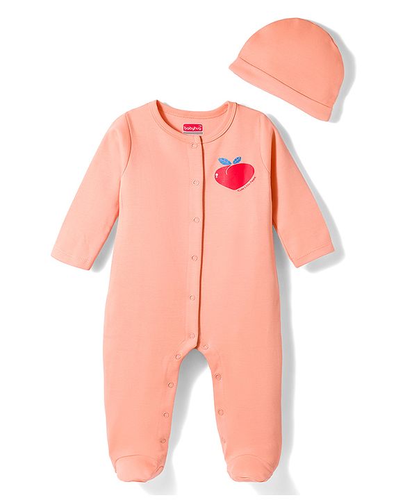 Babyhug Cotton Knit Full Sleeves Front Open Text Printed Footed Sleepsuit with Cap - Pink