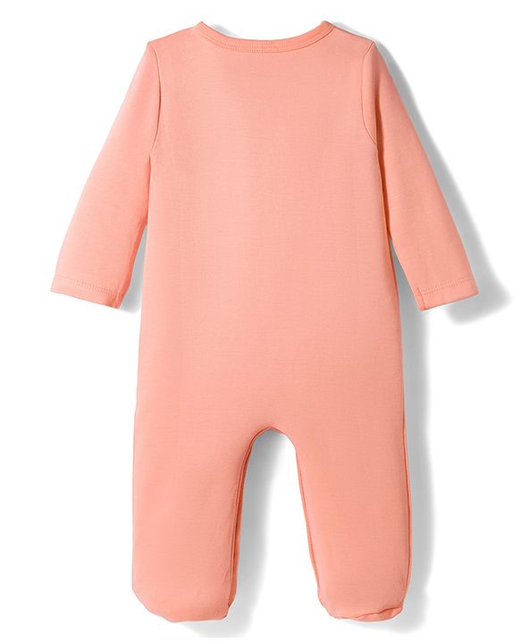Babyhug Cotton Knit Full Sleeves Front Open Text Printed Footed Sleepsuit with Cap - Pink