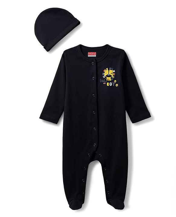 Babyhug Cotton Knit Full Sleeves Front Open Text Printed Footed Sleepsuit with Cap - Pink