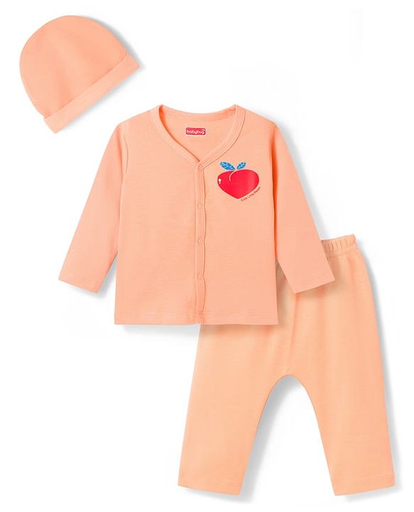 Babyhug Cotton Knit Full Sleeves T-Shirt & Pyjama Night Suit With Peach Print & Cap - Orange