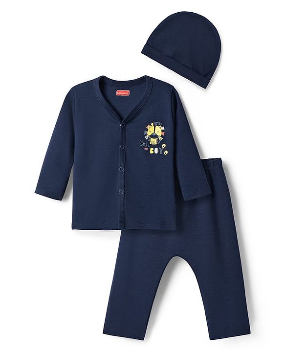 Babyhug Cotton Knit Full Sleeves T-Shirt & Pyjama Night Suit With Peach Print & Cap - Orange