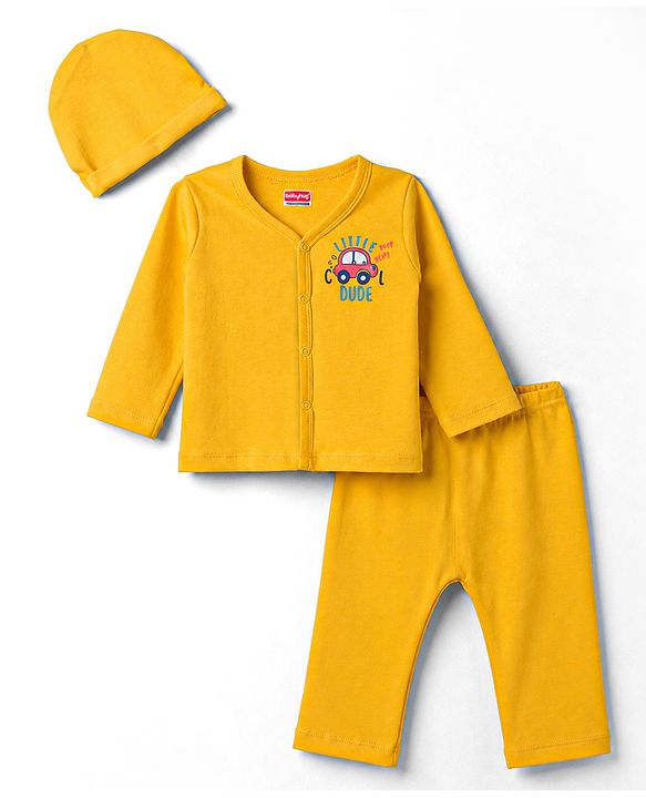 Babyhug Cotton Knit Full Sleeves T-Shirt & Pyjama Night Suit With Peach Print & Cap - Orange