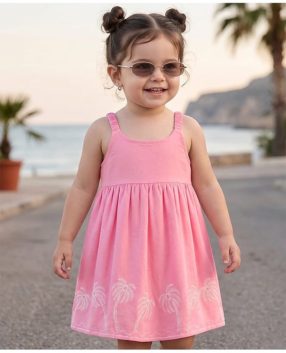 Babyhug Cotton Woven Sleeveless Palm Tree Embroidered Frock - Pink