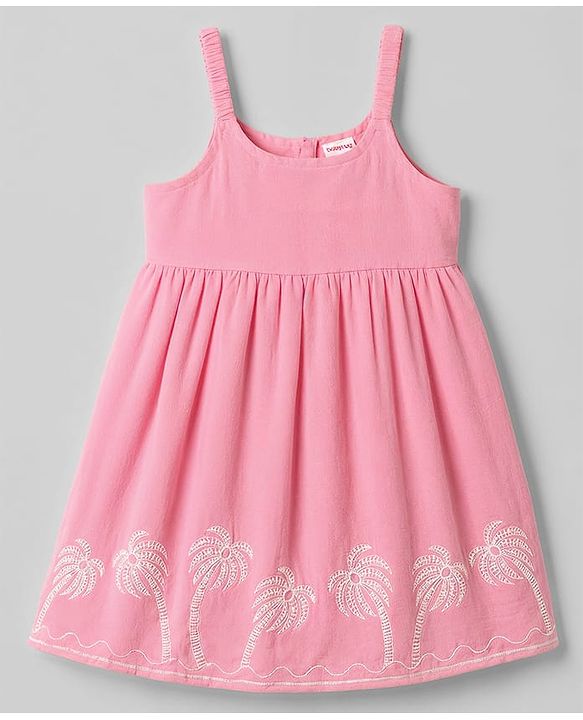 Babyhug Cotton Woven Sleeveless Palm Tree Embroidered Frock - Pink