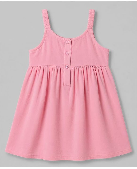 Babyhug Cotton Woven Sleeveless Palm Tree Embroidered Frock - Pink