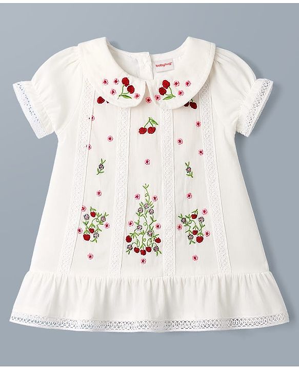 Babyhug 100% Cotton Woven Half Sleeves Floral Embroidered Frock With Lace Detailing - White
