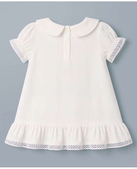 Babyhug 100% Cotton Woven Half Sleeves Floral Embroidered Frock With Lace Detailing - White