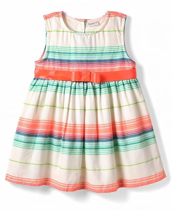 Babyhug Cotton Woven One Piece Dresses/Frocks Sleeveless Round Neck Striped White 6-9 Months
