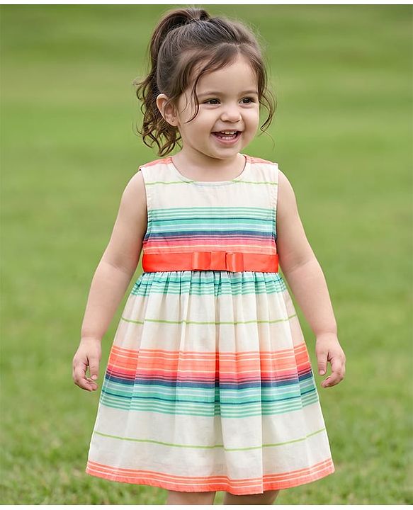 Babyhug Cotton Woven One Piece Dresses/Frocks Sleeveless Round Neck Striped White 6-9 Months