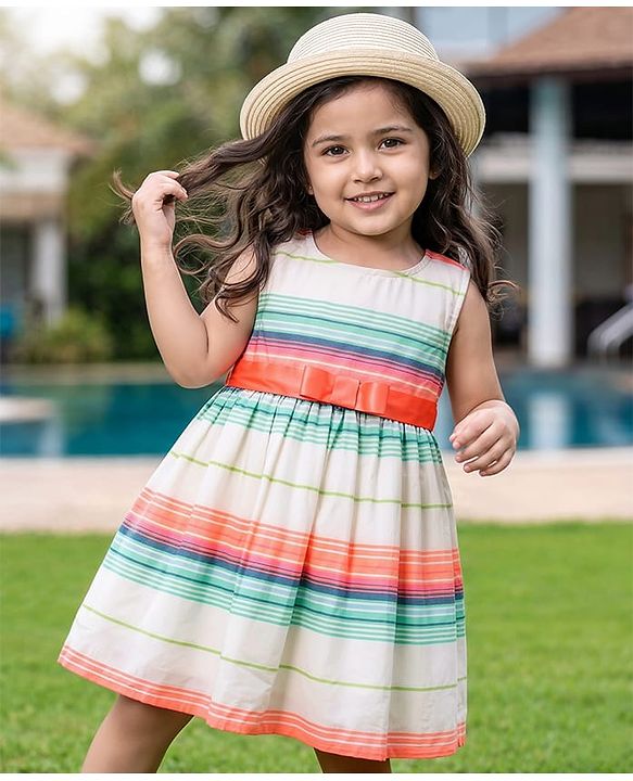 Babyhug Cotton Woven One Piece Dresses/Frocks Sleeveless Round Neck Striped White 6-9 Months