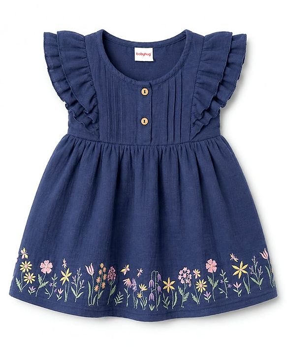 Babyhug 100% Cotton Woven Half Ruffle Sleeves Floral Embroidered Frock - Navy Blue