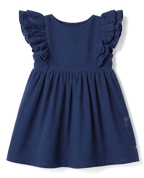 Babyhug 100% Cotton Woven Half Ruffle Sleeves Floral Embroidered Frock - Navy Blue