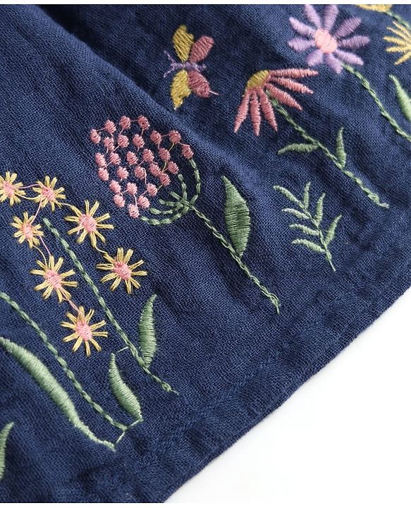 Babyhug 100% Cotton Woven Half Ruffle Sleeves Floral Embroidered Frock - Navy Blue