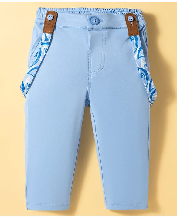 Babyhug Knit Full Sleeves Solid Color Party Shirt & Trouser Set with Bow Suspender & Cap - Light Blue