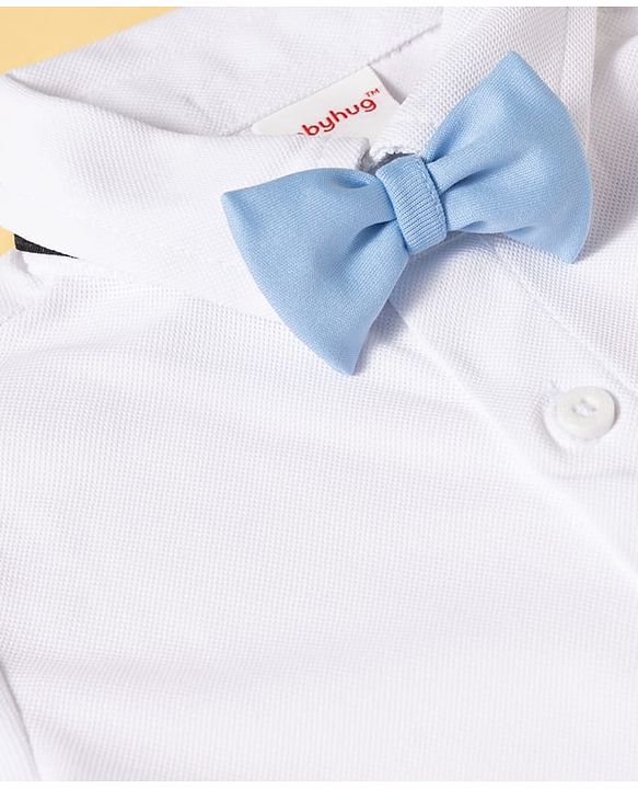 Babyhug Knit Full Sleeves Solid Color Party Shirt & Trouser Set with Bow Suspender & Cap - Light Blue