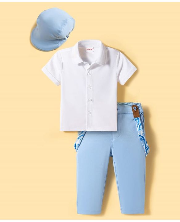 Babyhug Knit Full Sleeves Solid Color Party Shirt & Trouser Set with Bow Suspender & Cap - Light Blue