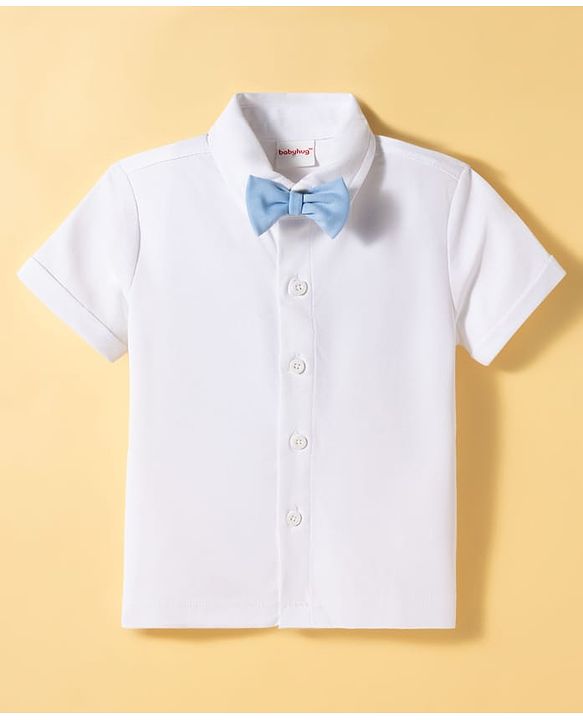 Babyhug Knit Full Sleeves Solid Color Party Shirt & Trouser Set with Bow Suspender & Cap - Light Blue