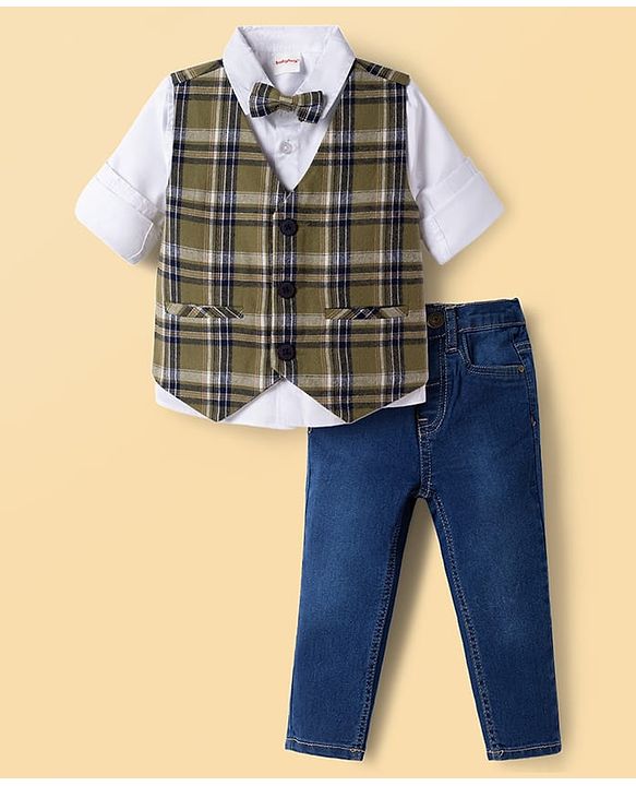 Babyhug Knit Full Sleeves Checks 3 Piece Party Suit With Bow - Green