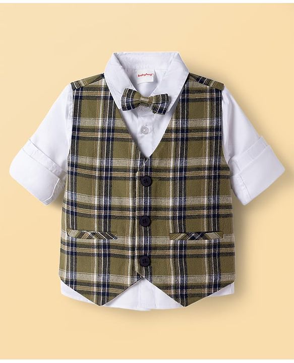 Babyhug Knit Full Sleeves Checks 3 Piece Party Suit With Bow - Green