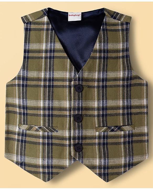 Babyhug Knit Full Sleeves Checks 3 Piece Party Suit With Bow - Green