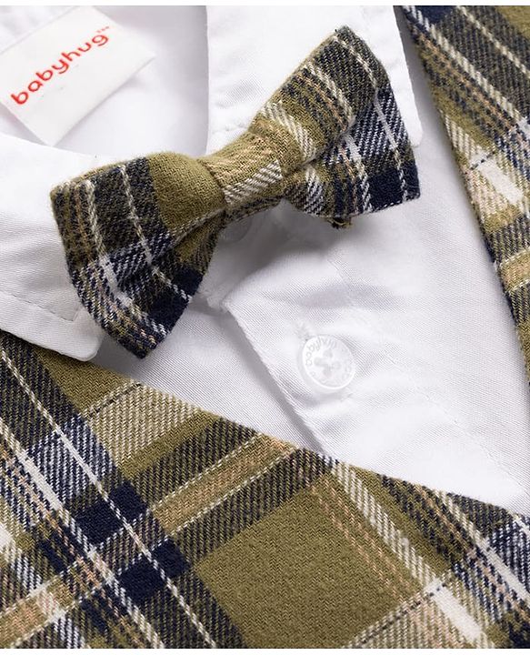 Babyhug Knit Full Sleeves Checks 3 Piece Party Suit With Bow - Green
