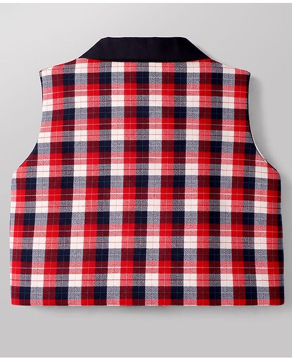 Babyhug Knit Full Sleeves Checks 3 Piece Party Suit With Bow - Red