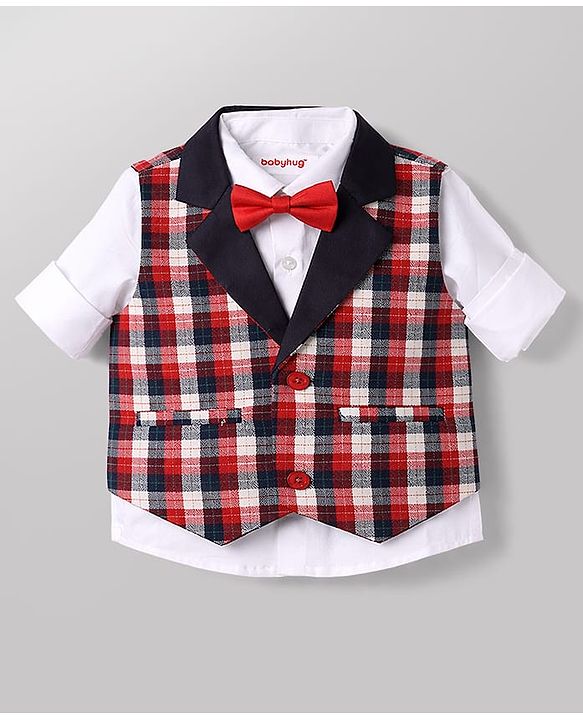 Babyhug Knit Full Sleeves Checks 3 Piece Party Suit With Bow - Red