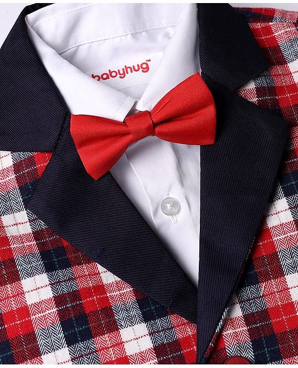 Babyhug Knit Full Sleeves Checks 3 Piece Party Suit With Bow - Red