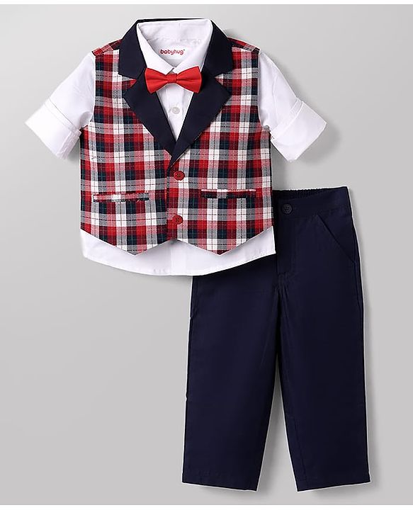 Babyhug Knit Full Sleeves Checks 3 Piece Party Suit With Bow - Red