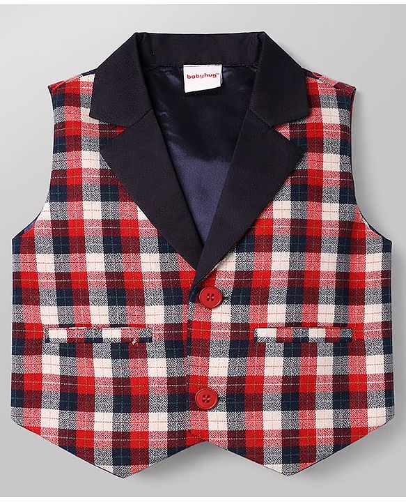 Babyhug Knit Full Sleeves Checks 3 Piece Party Suit With Bow - Red